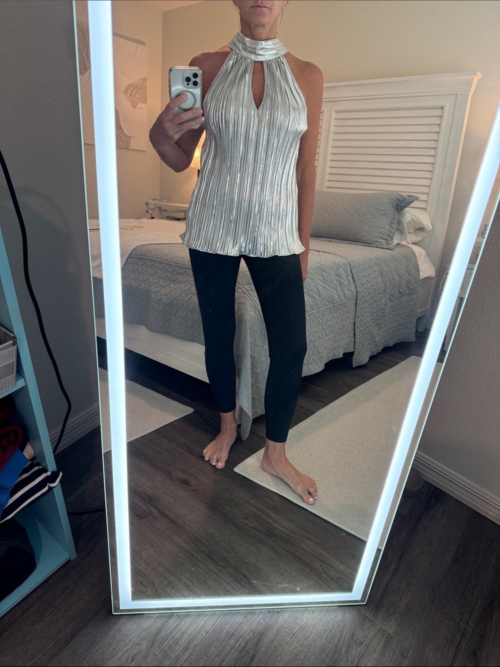 Boston Proper Metallic Silver Pleated Halter Top